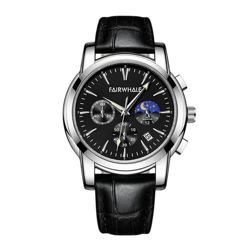 Fairwhale watch with black leather strap and detailed face on a white background
