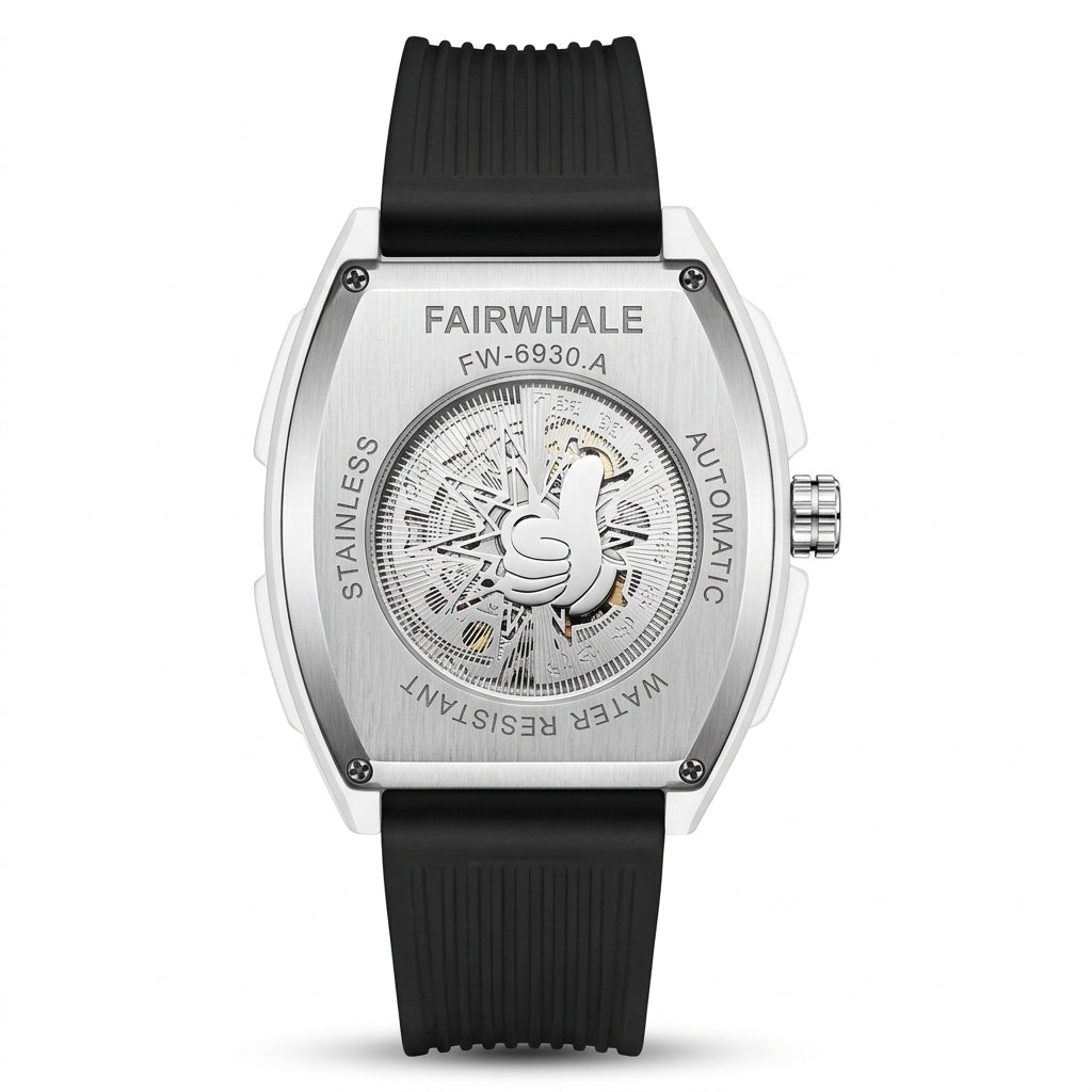 Fairwhale watch with black strap and silver case on a white background