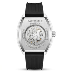 Fairwhale watch with black strap and silver case on a white background