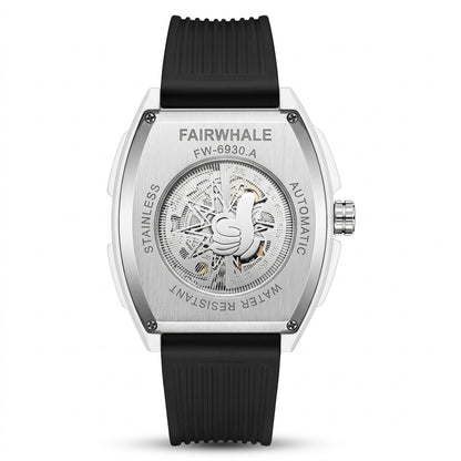 Fairwhale watch with black strap and silver case on a white background