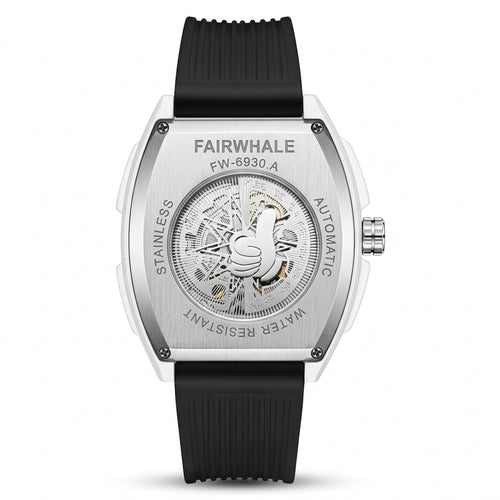 Fairwhale watch with black strap and silver case on a white background