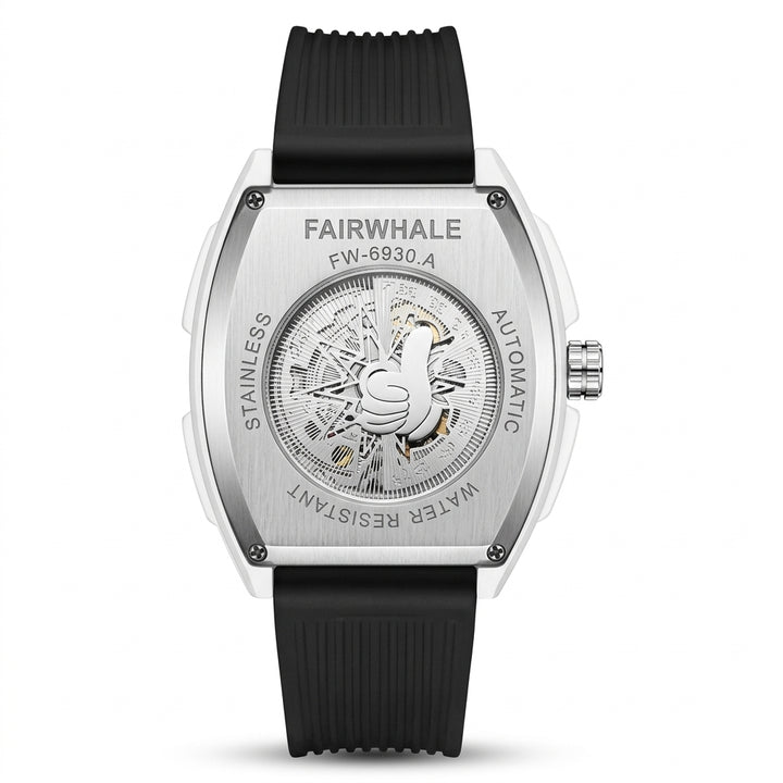 Fairwhale watch with black strap and silver case on a white background