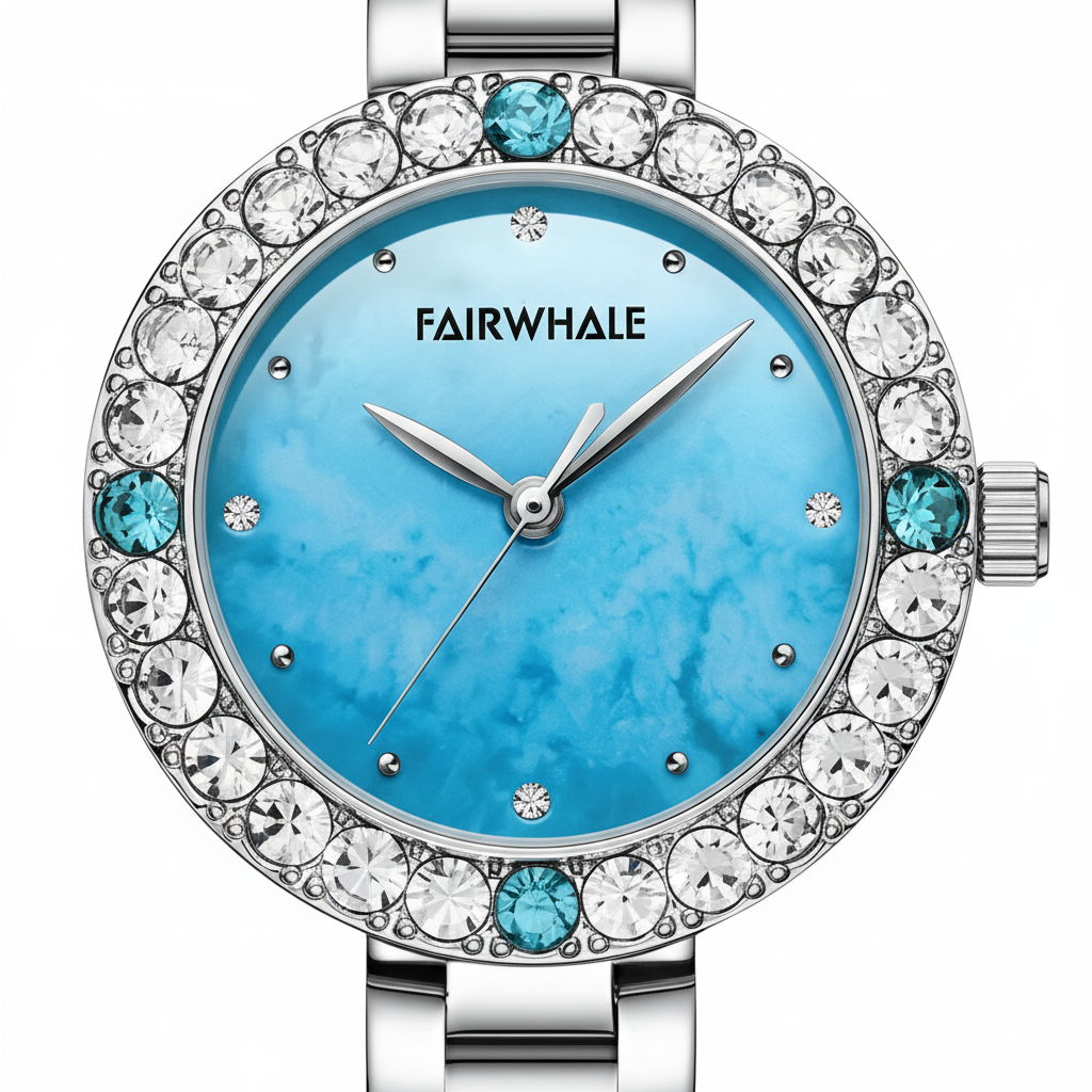 Fairwhale watch with blue face and crystal embellishments on a white background