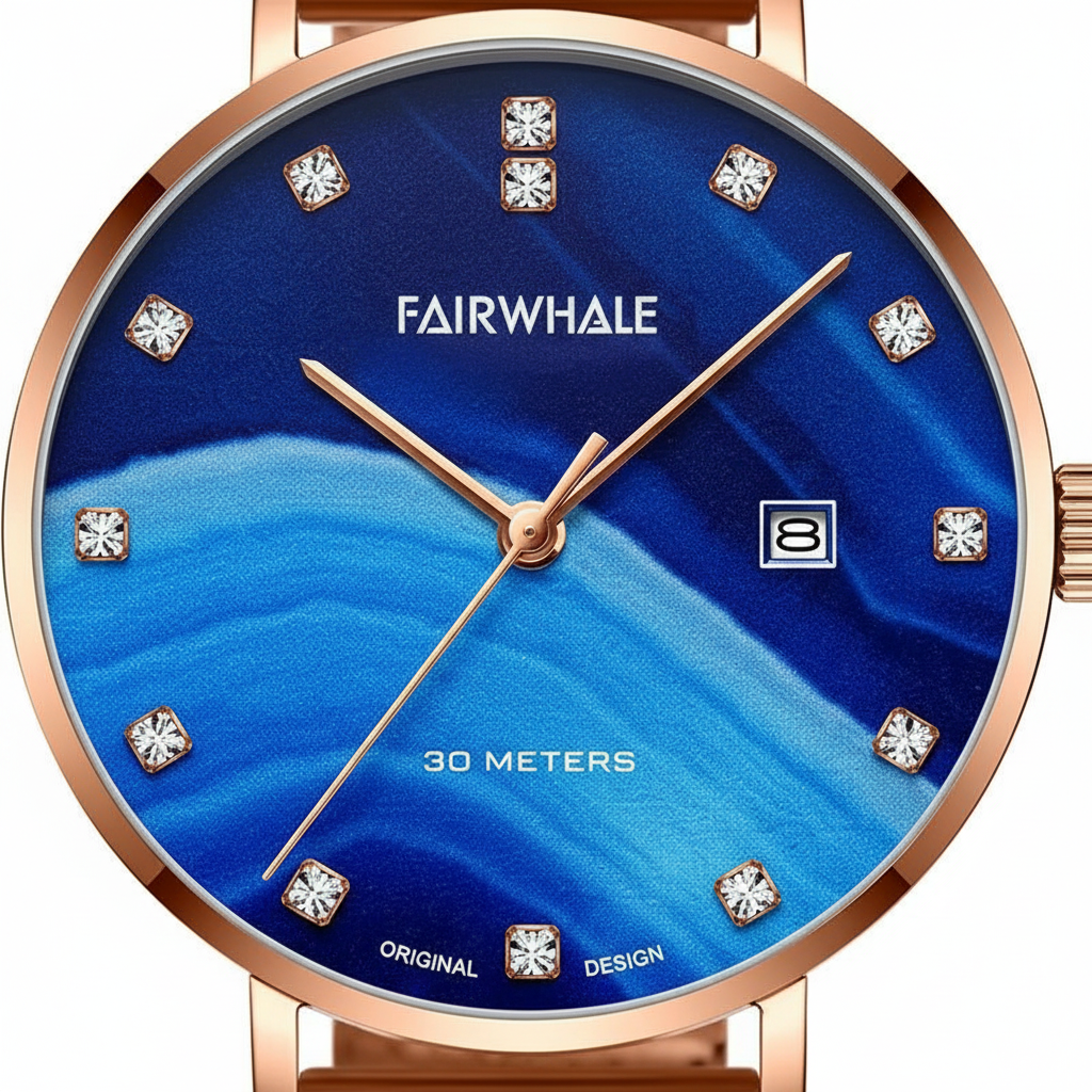 Fairwhale watch with blue face and rose gold casing on a white background