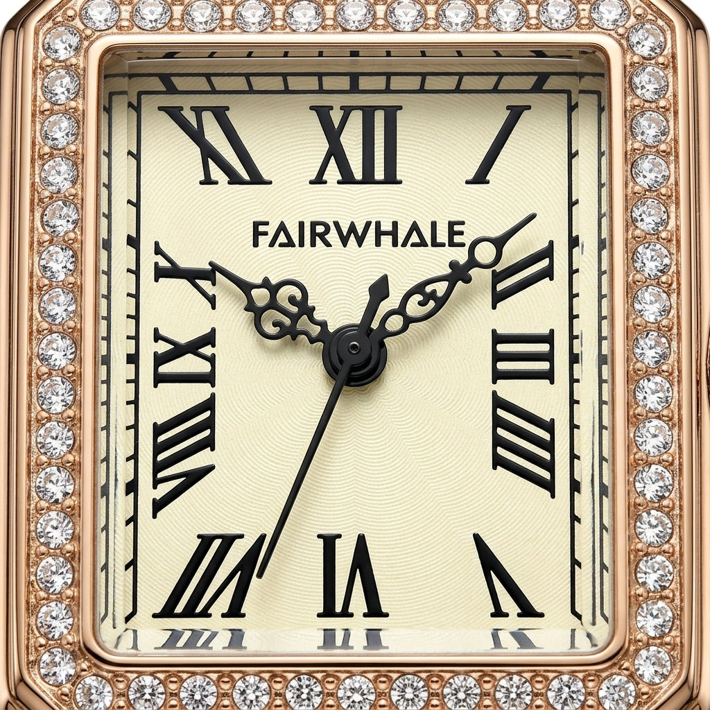 Fairwhale watch with decorative case and Roman numeral markings