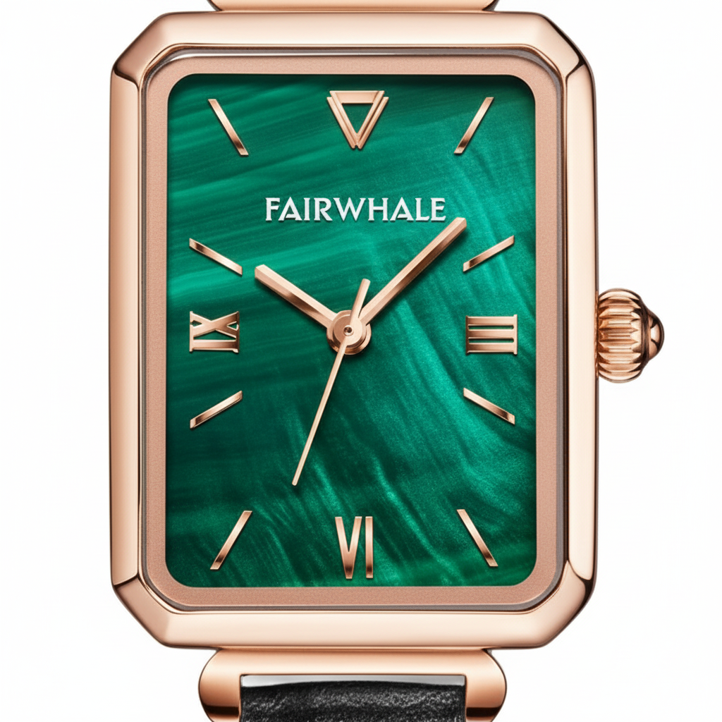 Fairwhale watch with green face and rose gold case on white background
