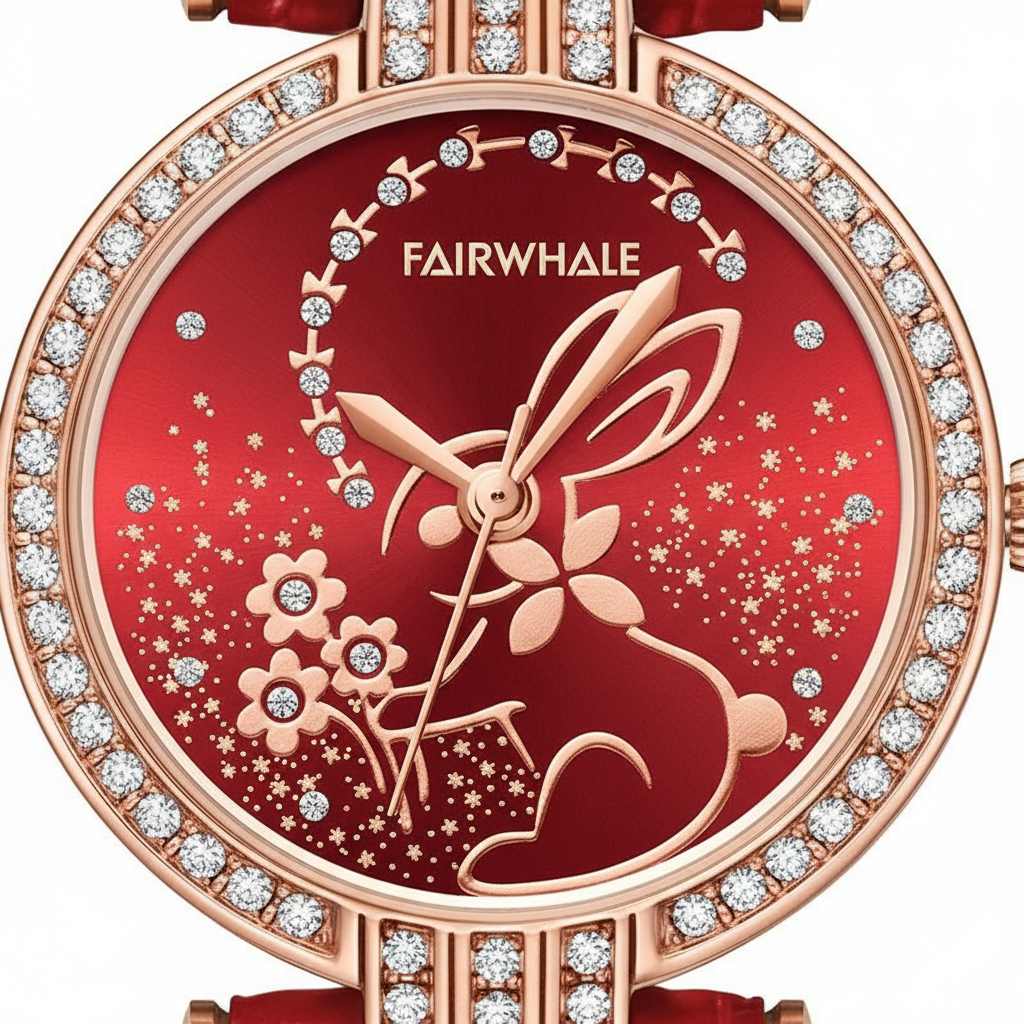 Fairwhale watch with red face and floral design on a white background