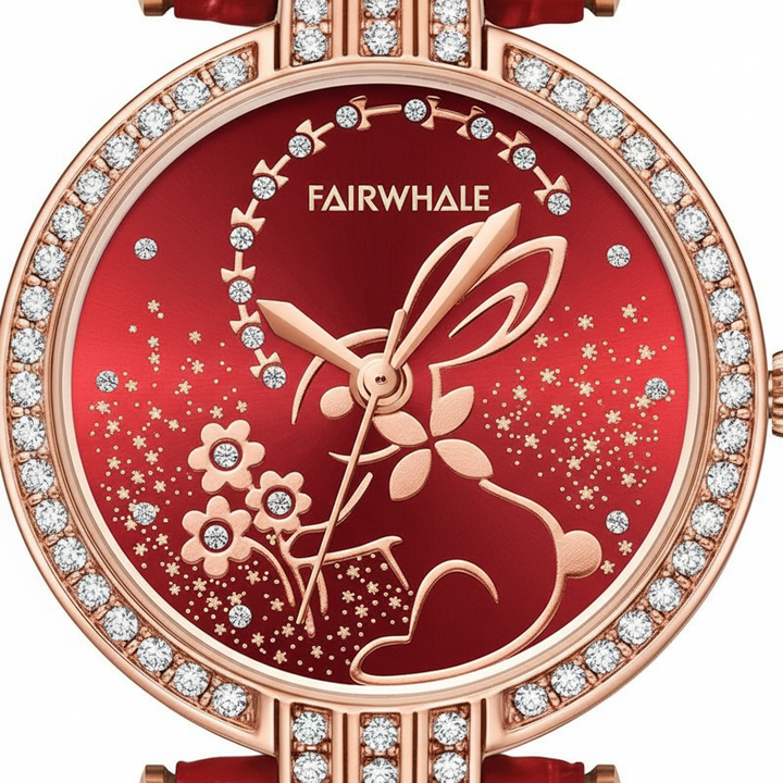 Fairwhale watch with red face and floral design on a white background