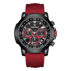 Fairwhale watch with red strap and black dial on a white background