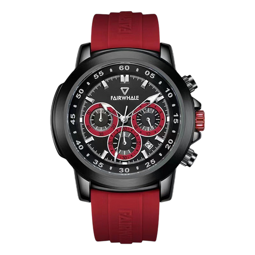 Fairwhale watch with red strap and black dial on a white background