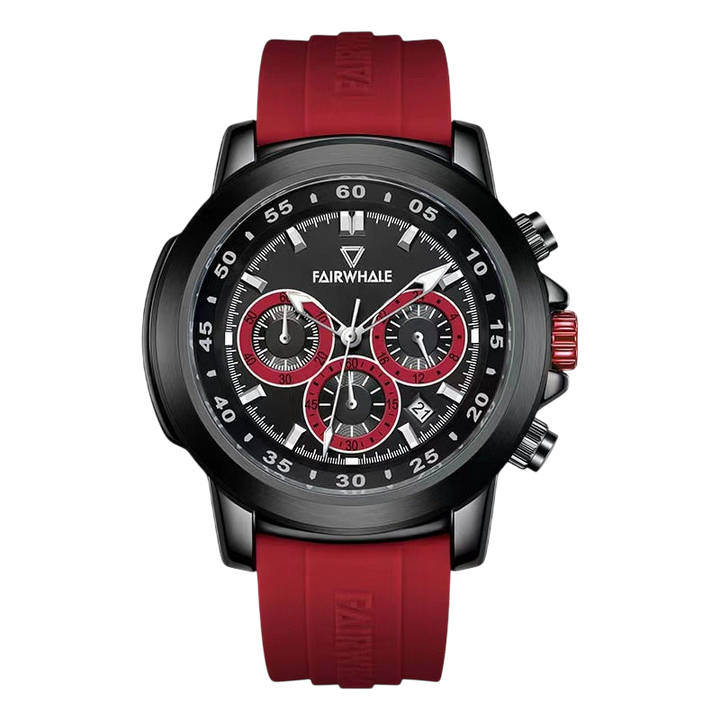 Fairwhale watch with red strap and black dial on a white background