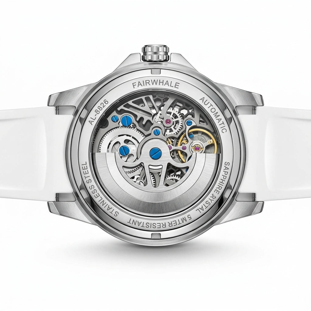 Fairwhale watch with white strap and visible mechanical components on a white background