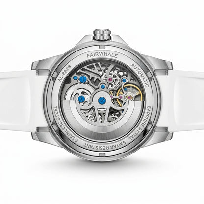 Fairwhale watch with white strap and visible mechanical components on a white background