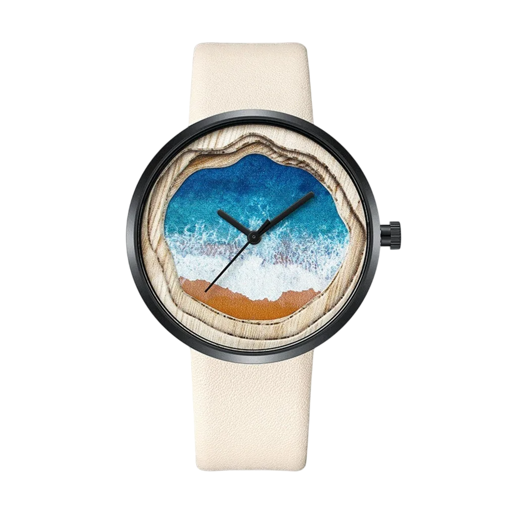 Flat lay of Fairwhale OCELYA women’s minimalist watch, luxury starry dial quartz timepiece with 25mm leather strap and ultra-thin profile.