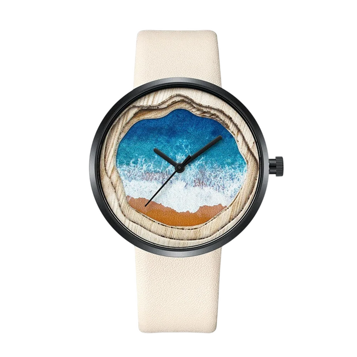Flat lay of Fairwhale OCELYA women’s minimalist watch, luxury starry dial quartz timepiece with 25mm leather strap and ultra-thin profile.