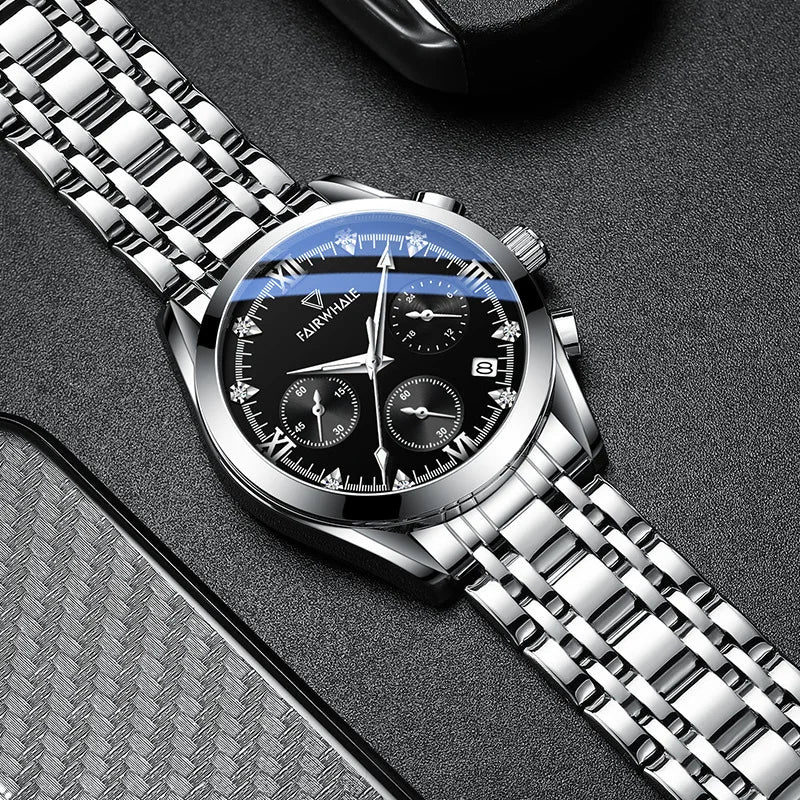 Flatlay of Mark Fairwhale ALESTRA 5380 stainless steel quartz watch with black dial