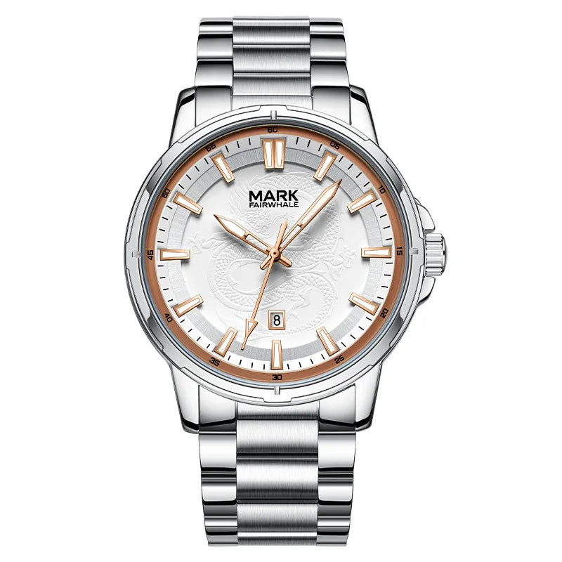 Front close-up of Mark Fairwhale DRACONIS luxury dragon totem men’s quartz watch with steel strap and white dial.