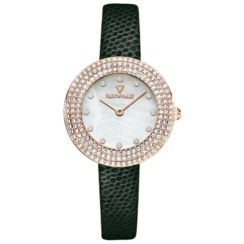 Front view of Mark Fairwhale 3390 DIAMÉRA women’s diamond bezel watch with green leather strap