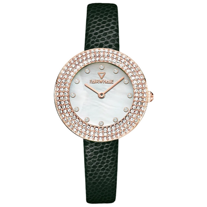 Front view of Mark Fairwhale 3390 DIAMÉRA women’s diamond bezel watch with green leather strap