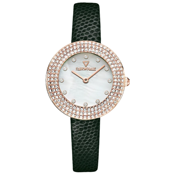 Front view of Mark Fairwhale 3390 DIAMÉRA women’s diamond bezel watch with green leather strap