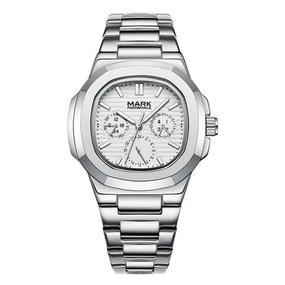 Front view of Mark Fairwhale 5019 LUMENIX men’s quartz watch with white dial and stainless steel bracelet.
