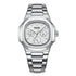 Front view of Mark Fairwhale 5019 LUMENIX men’s quartz watch with white dial and stainless steel bracelet.