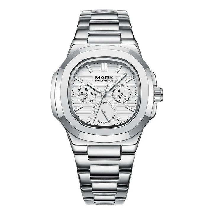Front view of Mark Fairwhale 5019 LUMENIX men’s quartz watch with white dial and stainless steel bracelet.