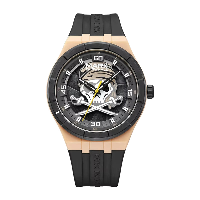 Front view of Mark Fairwhale 5040 PIRATEX men’s pirate skull quartz watch with black silicone strap.