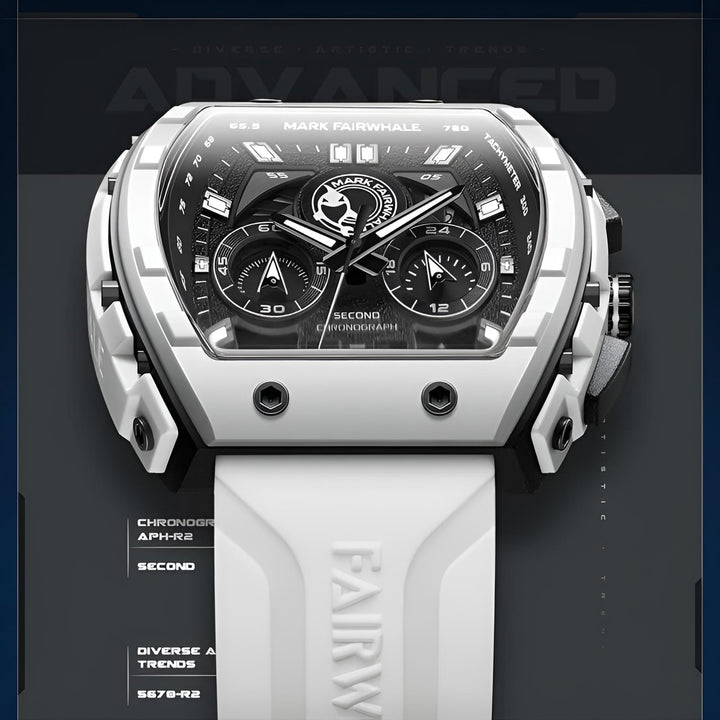 Front view of Mark Fairwhale 5670 GLURIC men’s luminous chronograph quartz watch in white
