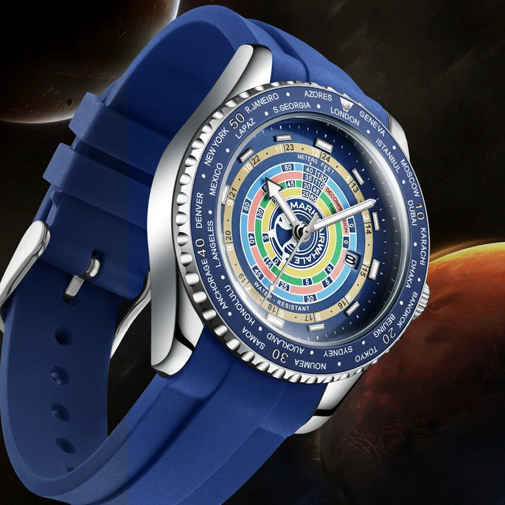 Front view of Mark Fairwhale 5930 MIRRORA men’s watch in blue silicone strap