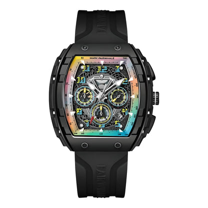 Front view of Mark Fairwhale TONIXA men’s fashion watch with black rubber strap and rainbow skeleton dial