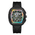 Front view of Mark Fairwhale TONIXA men’s fashion watch with black rubber strap and rainbow skeleton dial