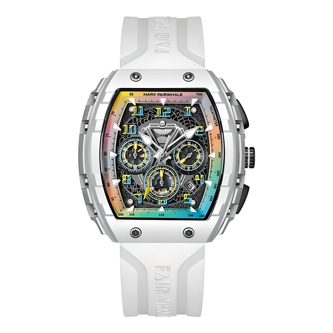 Front view of Mark Fairwhale TONIXA men’s tonneau watch with white rubber strap and colorful skeleton dial
