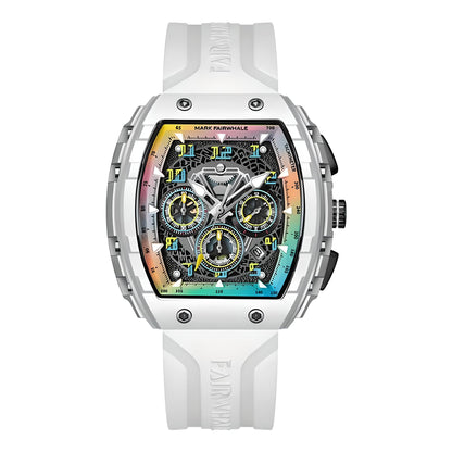 Front view of Mark Fairwhale TONIXA men’s tonneau watch with white rubber strap and colorful skeleton dial