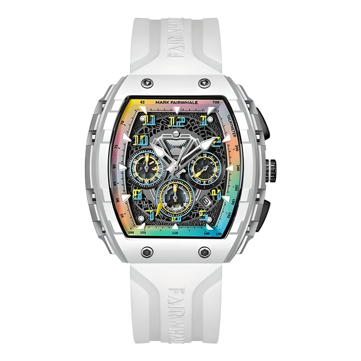 Front view of Mark Fairwhale TONIXA men’s tonneau watch with white rubber strap and colorful skeleton dial
