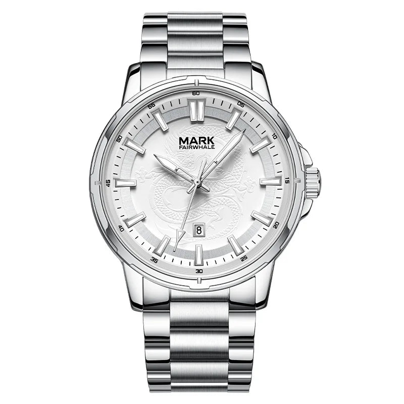Full front view of Mark Fairwhale DRACONIS dragon totem men’s watch in stainless steel.