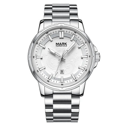 Full front view of Mark Fairwhale DRACONIS dragon totem men’s watch in stainless steel.