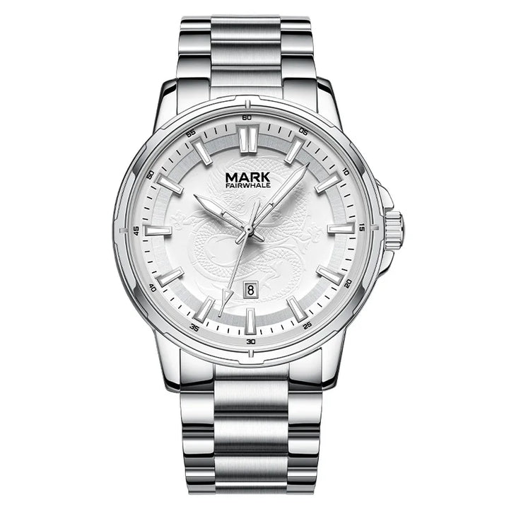Full front view of Mark Fairwhale DRACONIS dragon totem men’s watch in stainless steel.