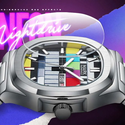 Glass Showcase – Scratch-resistant coated glass of Mark Fairwhale RETRONEX men’s fashion watch with retro dial.