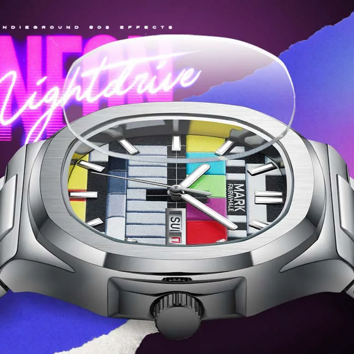 Glass Showcase – Scratch-resistant coated glass of Mark Fairwhale RETRONEX men’s fashion watch with retro dial.