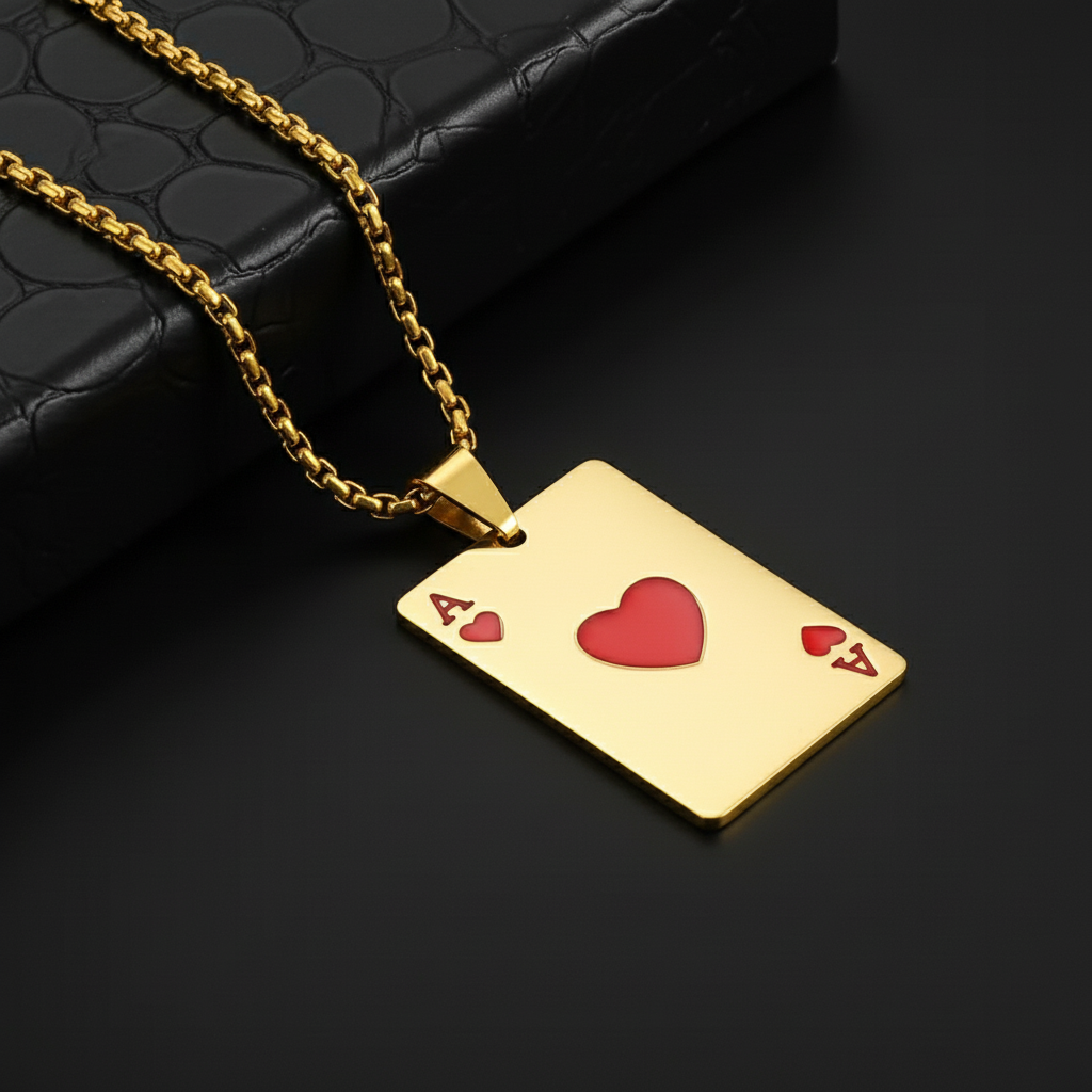 Mark Fairwhale gold Ace of Hearts pendant necklace on black leather box