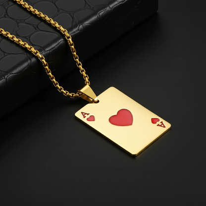 Mark Fairwhale gold Ace of Hearts pendant necklace on black leather box
