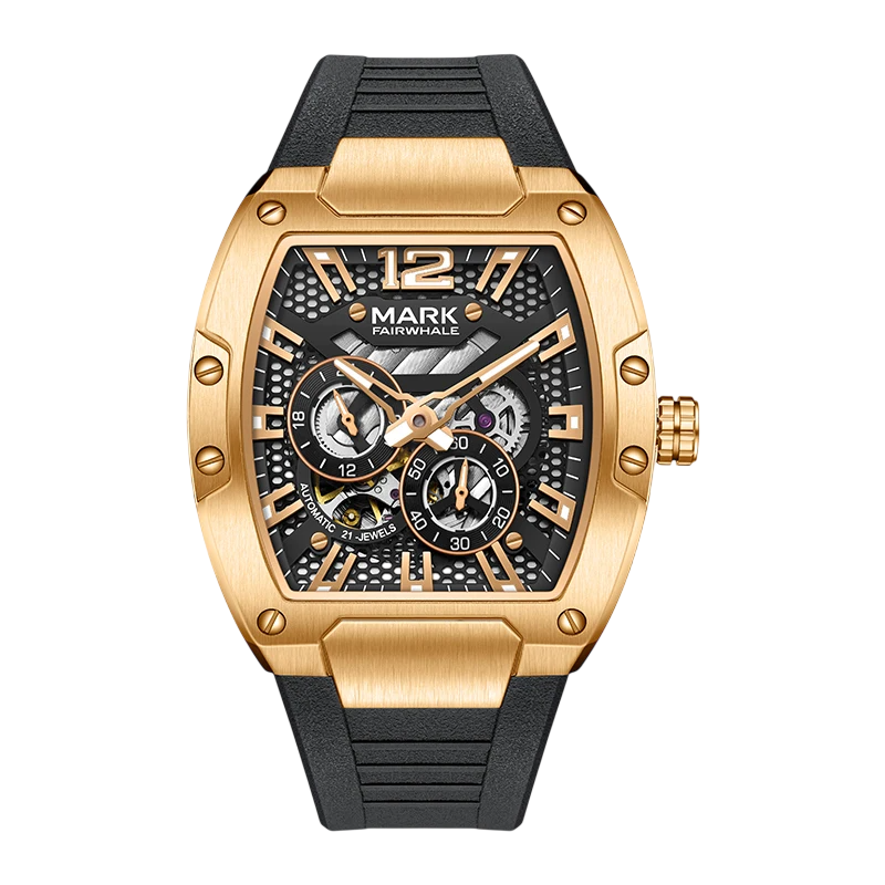Gold and black watch with detailed face on a white background