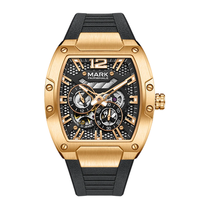 Gold and black watch with detailed face on a white background