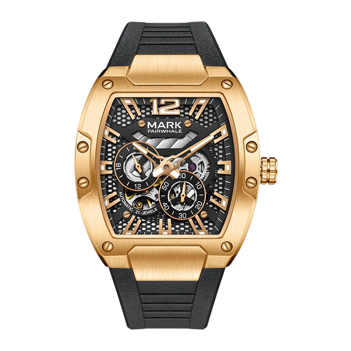 Gold and black watch with detailed face on a white background