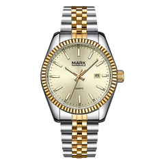 Gold and silver watch with 'Mark Fairwhale' branding on a white background