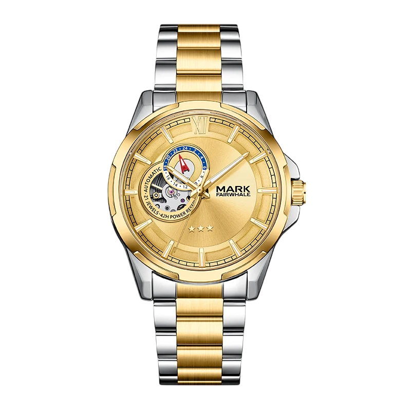 Gold and silver watch with brand logo on a white background