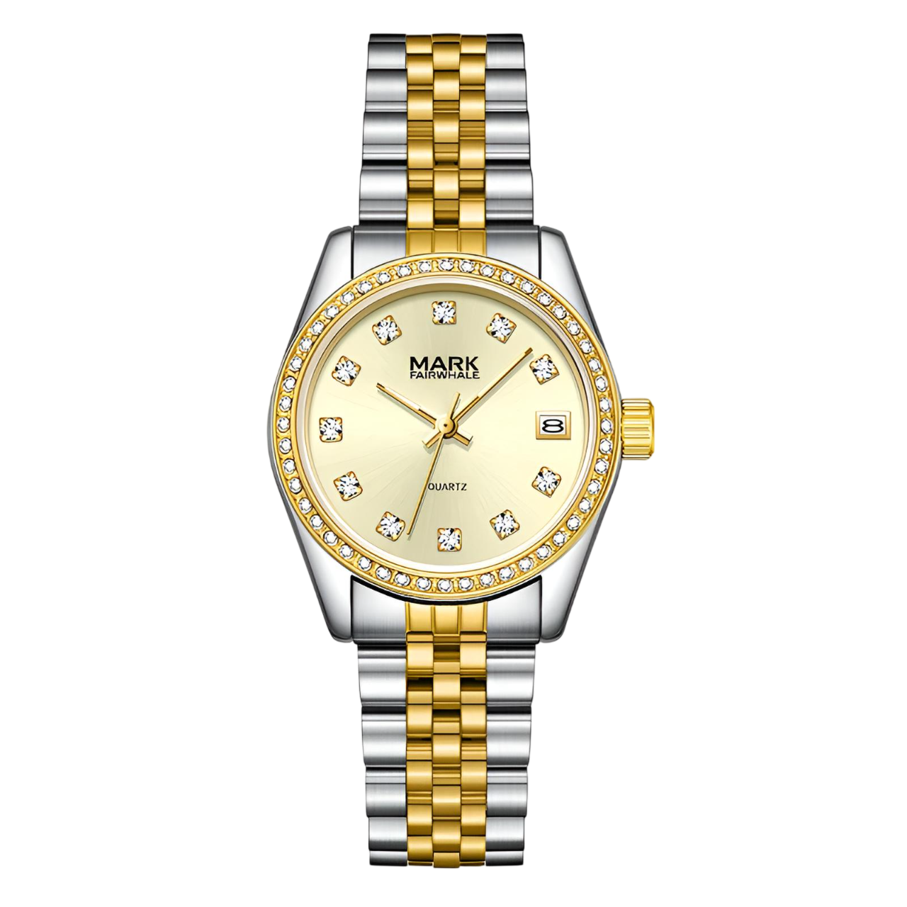 Gold and silver watch with diamond-studded face on a white background