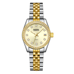 Gold and silver watch with diamond-studded face on a white background