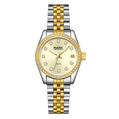 Gold and silver watch with diamond-studded face on a white background